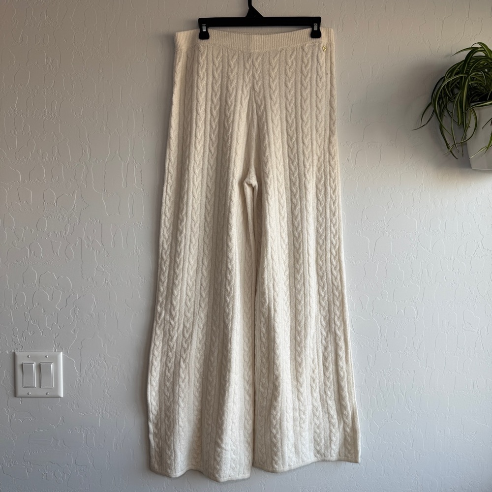 GUESS Tamara Cable Knit Wide Leg Sweater Pants Ivory White Camel Hair Blend M